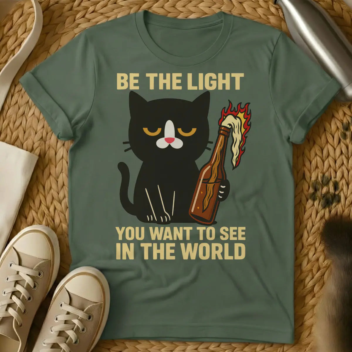 Molotov Cocktail Cat Shirt - Military Green Cat T-Shirt