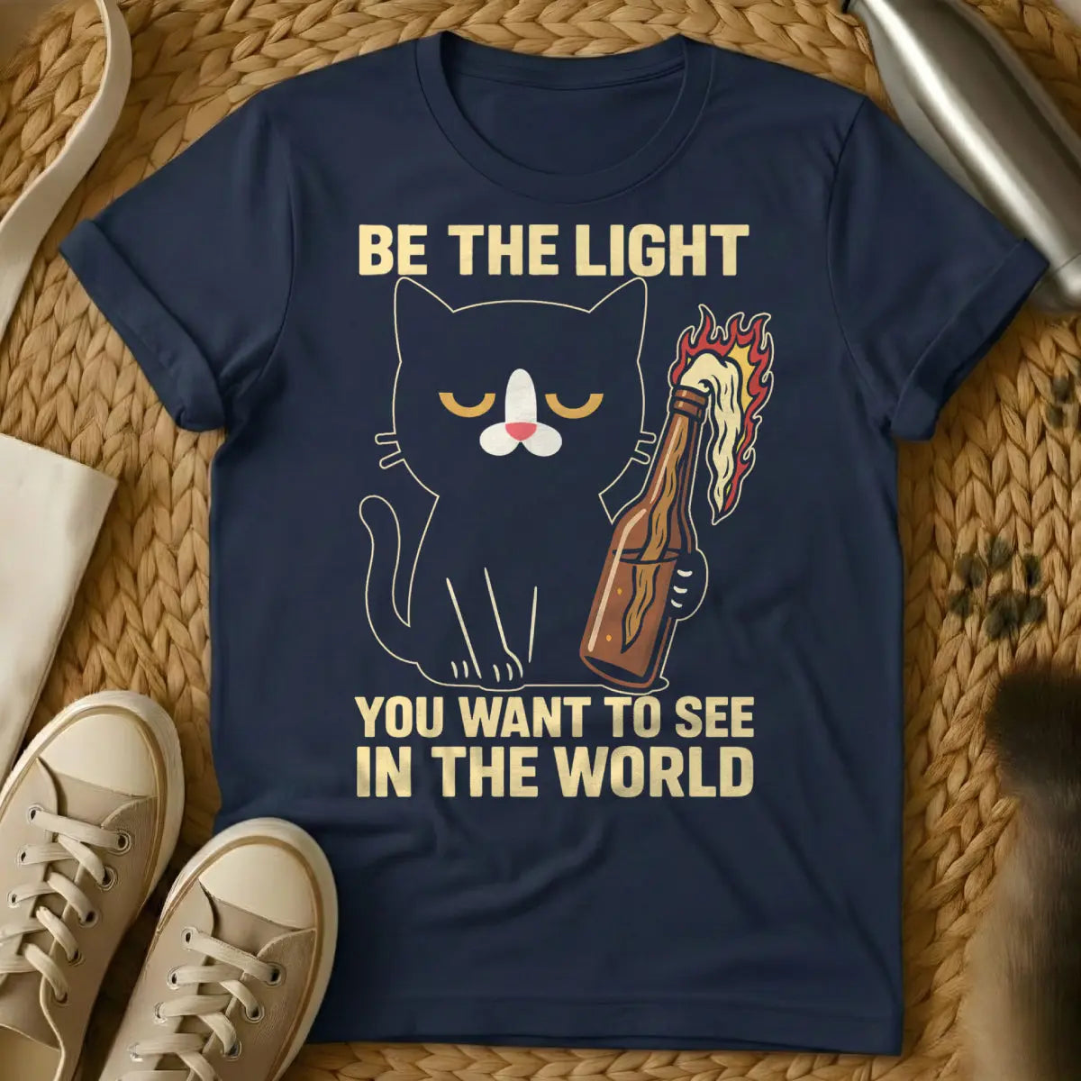 Molotov Cocktail Cat Shirt - Navy Cat T-Shirt