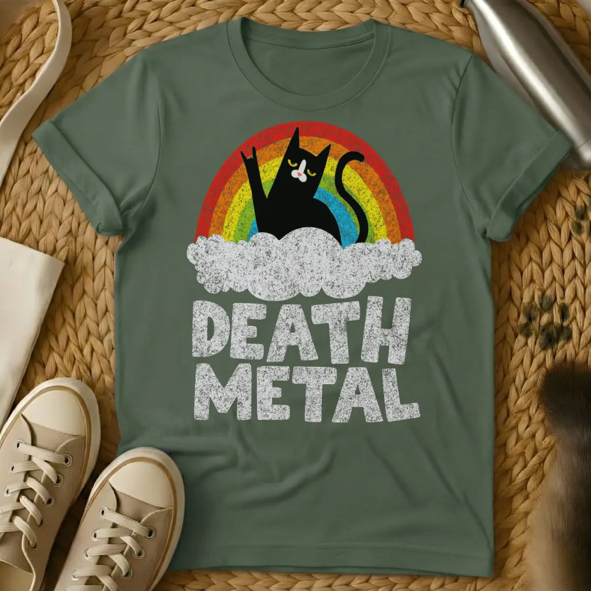 Death Metal Cat Shirt - Military Green T-Shirt - band parody tee, death metal art, extreme metal merch