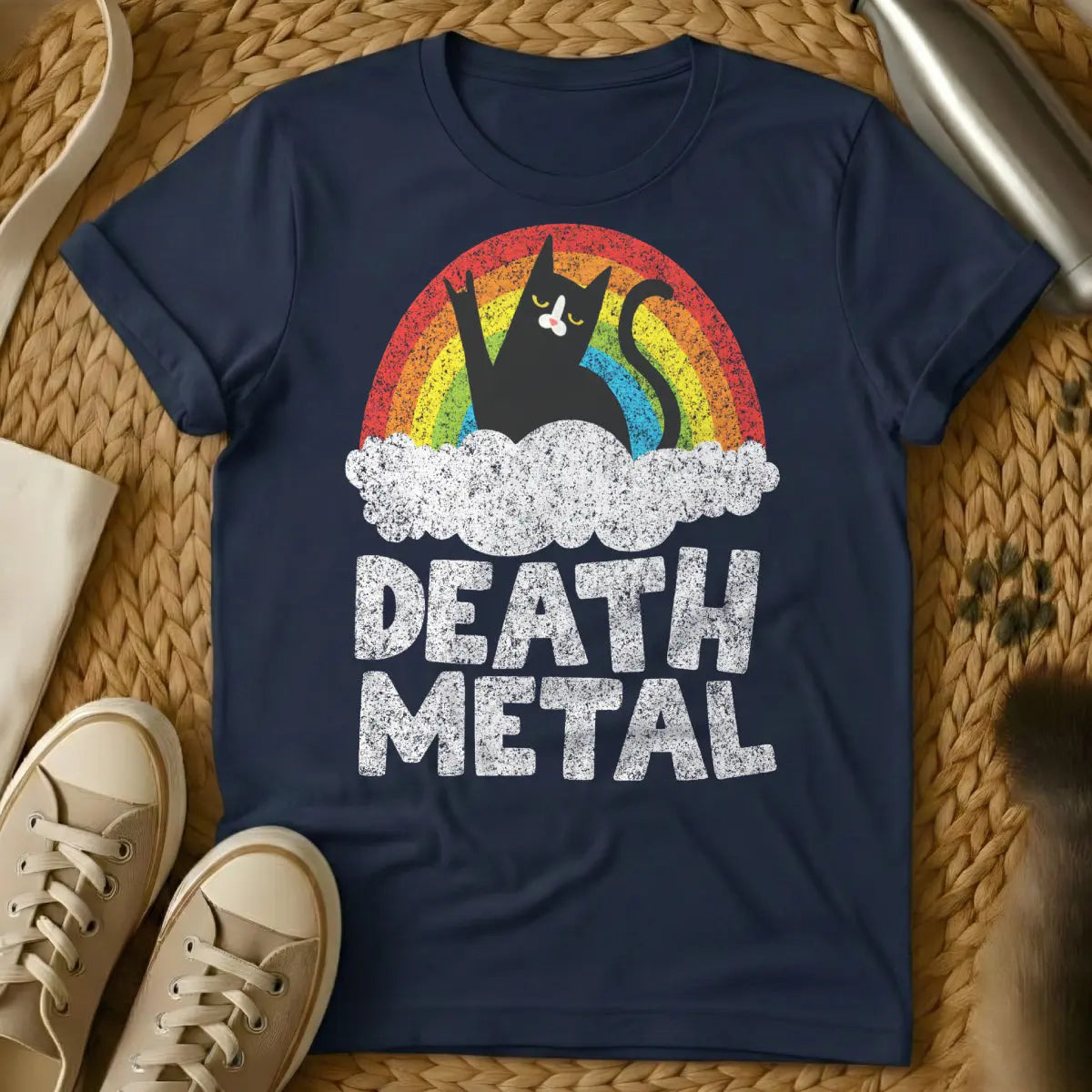 Death Metal Cat Shirt - Navy T-Shirt - band parody tee, death metal art, extreme metal merch