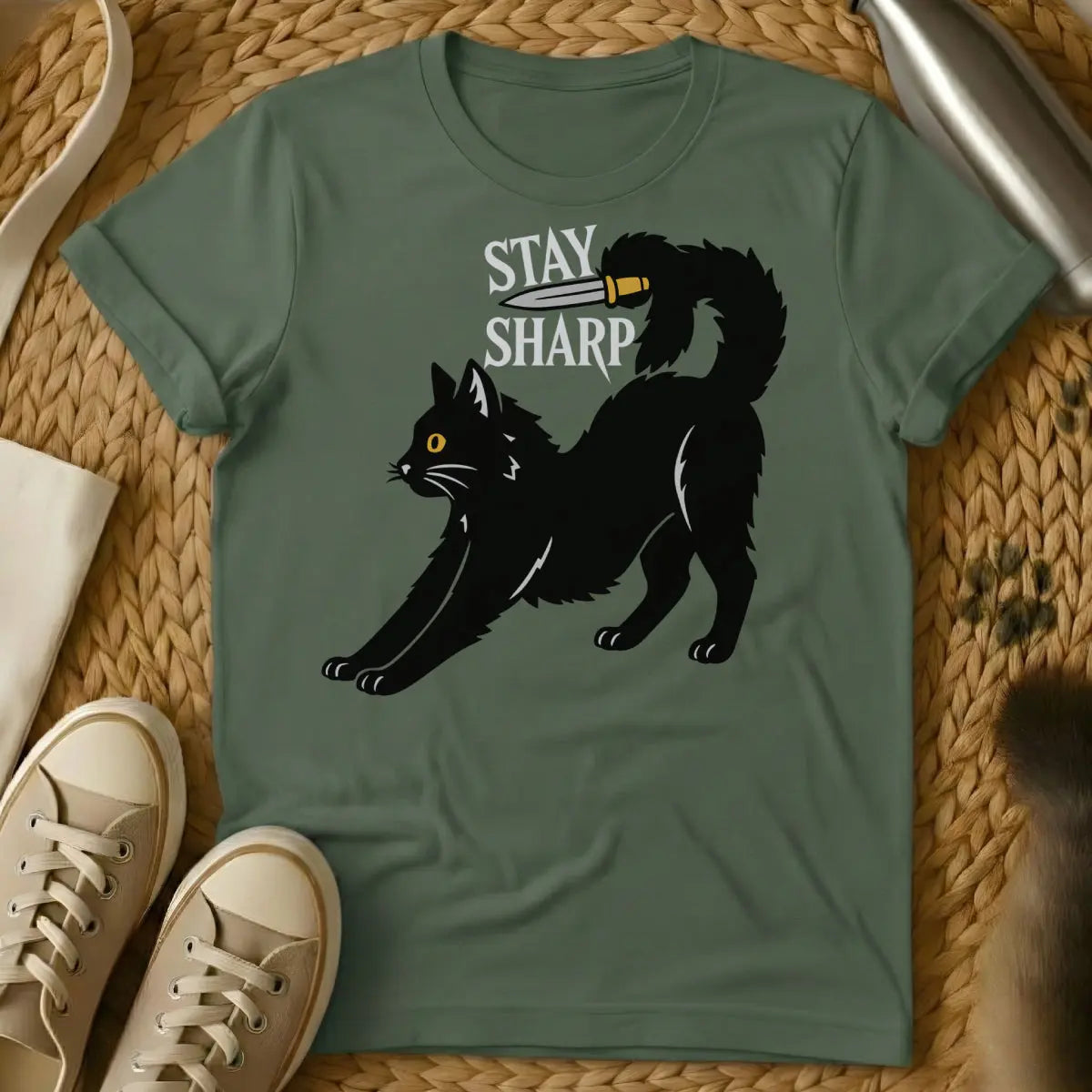 Sharp Cat Shirt - Military Green Cat T-Shirt