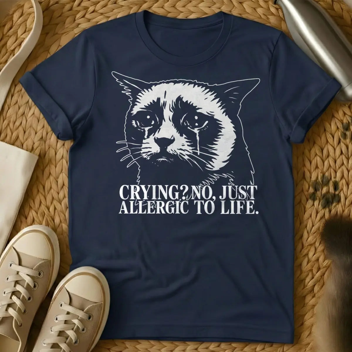 Crying Cat Shirt - Navy T-Shirt - dank meme, emotional meme, internet aesthetic