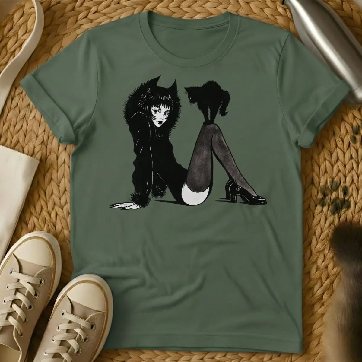 Cat Lady T Shirt - Military Green T-Shirt - empowered feline mom, feminist pet parent, introvert lifestyle apparel