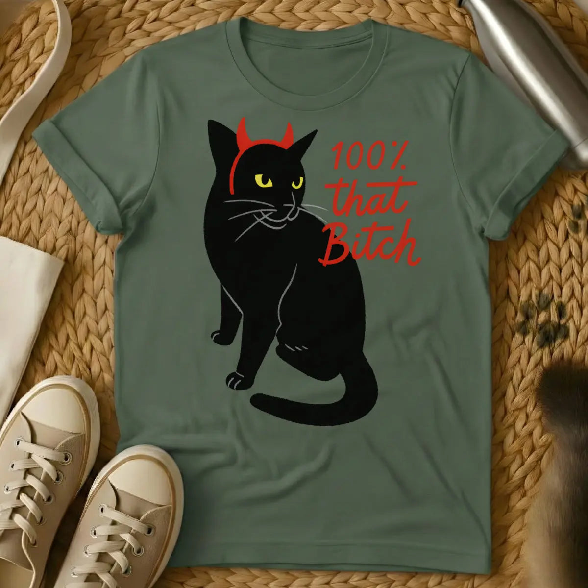 Bitch Cat Shirt - Military Green T-Shirt - catitude fashion, diva feline apparel, empowerment sloganwear