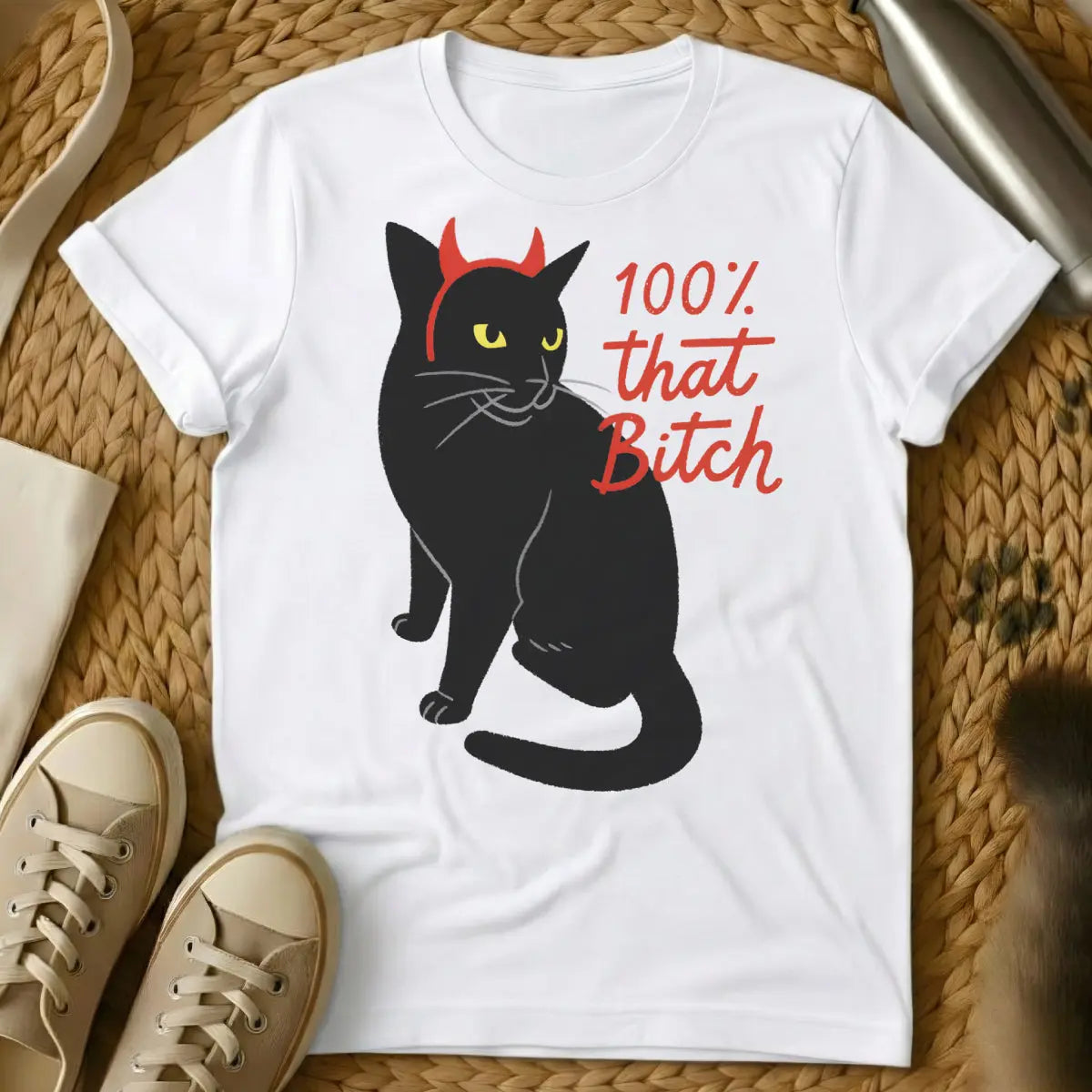 Bitch Cat Shirt - White T-Shirt - catitude fashion, diva feline apparel, empowerment sloganwear