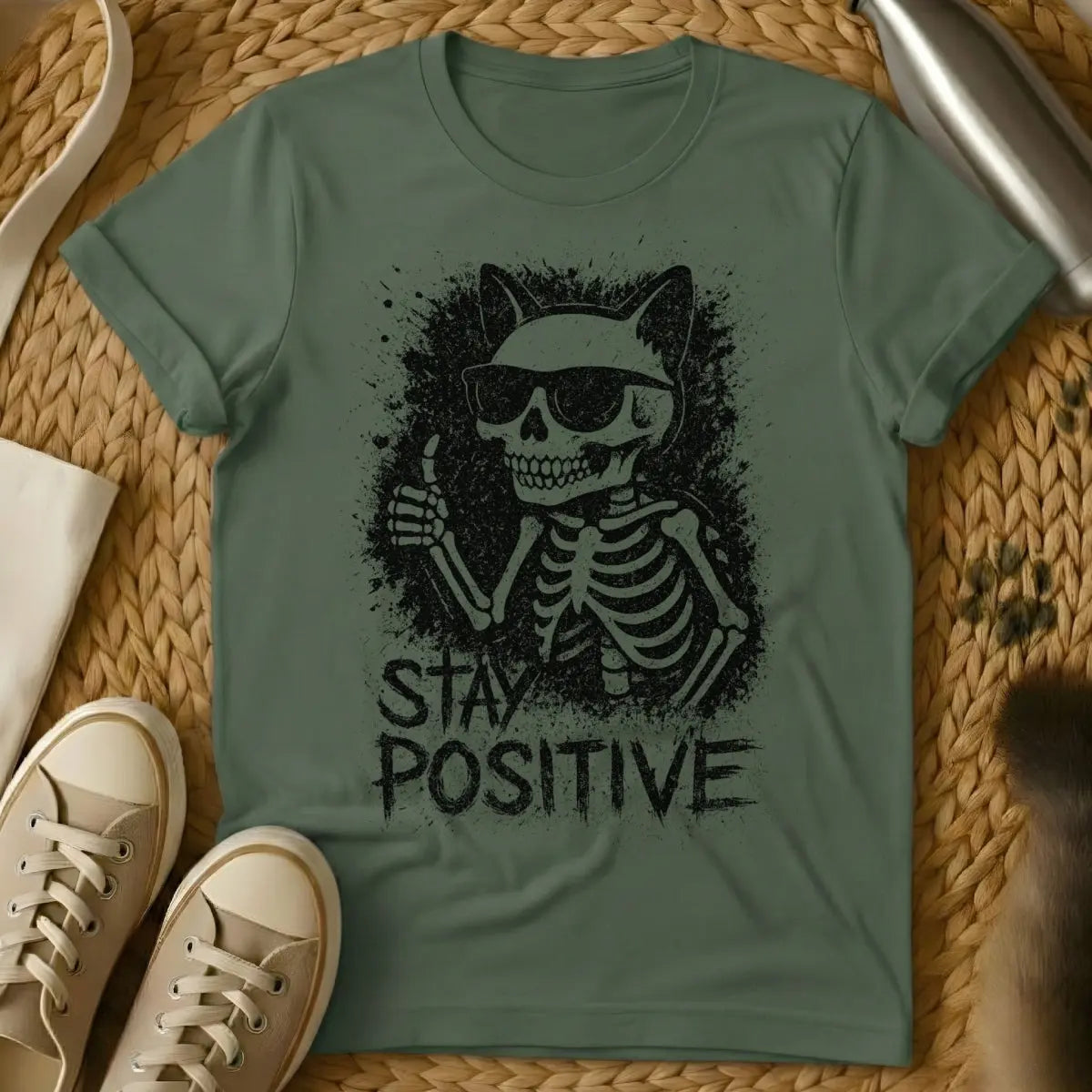 Stay Positive Cat Shirt - Military Green Cat T-Shirt