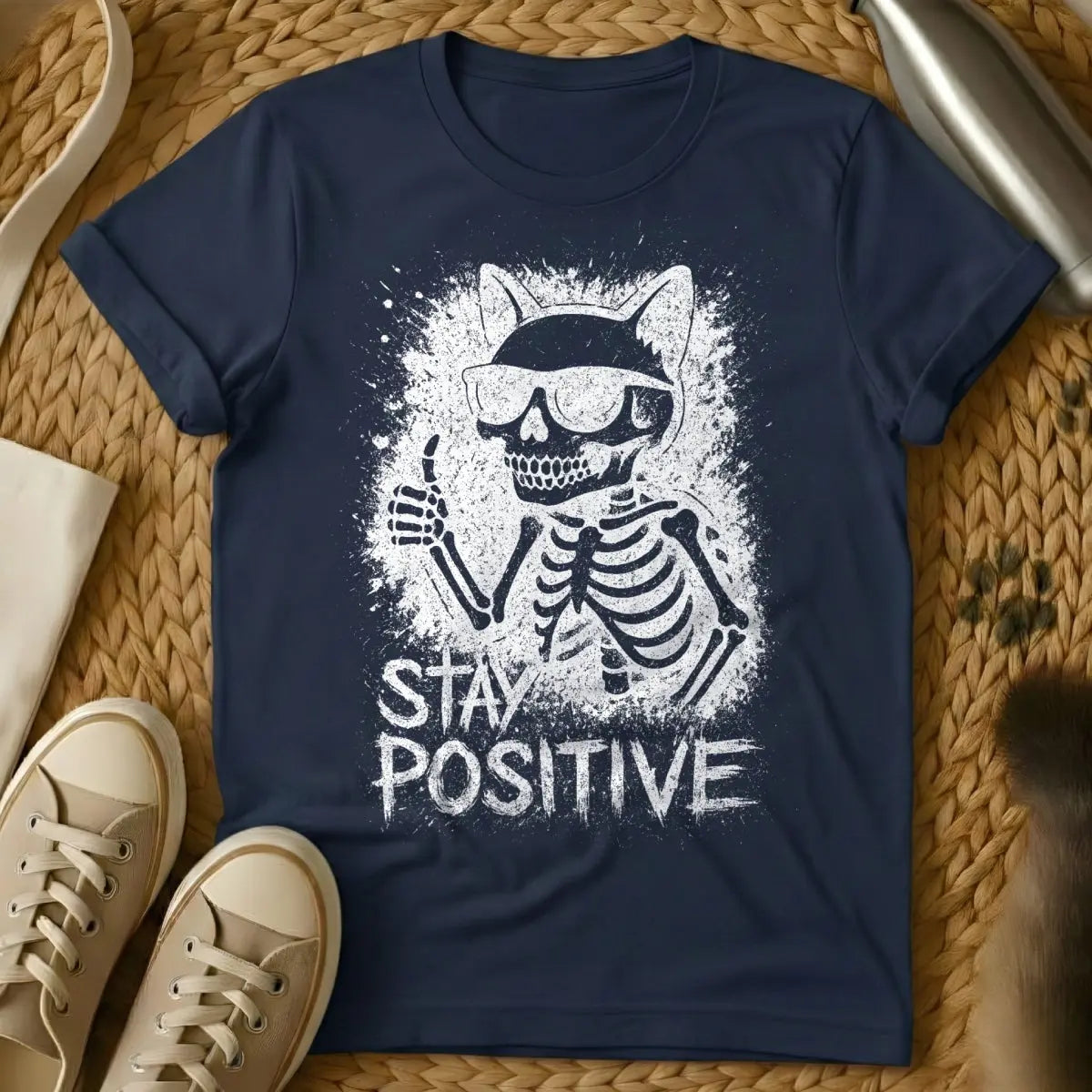 Stay Positive Cat Shirt - Navy Cat T-Shirt