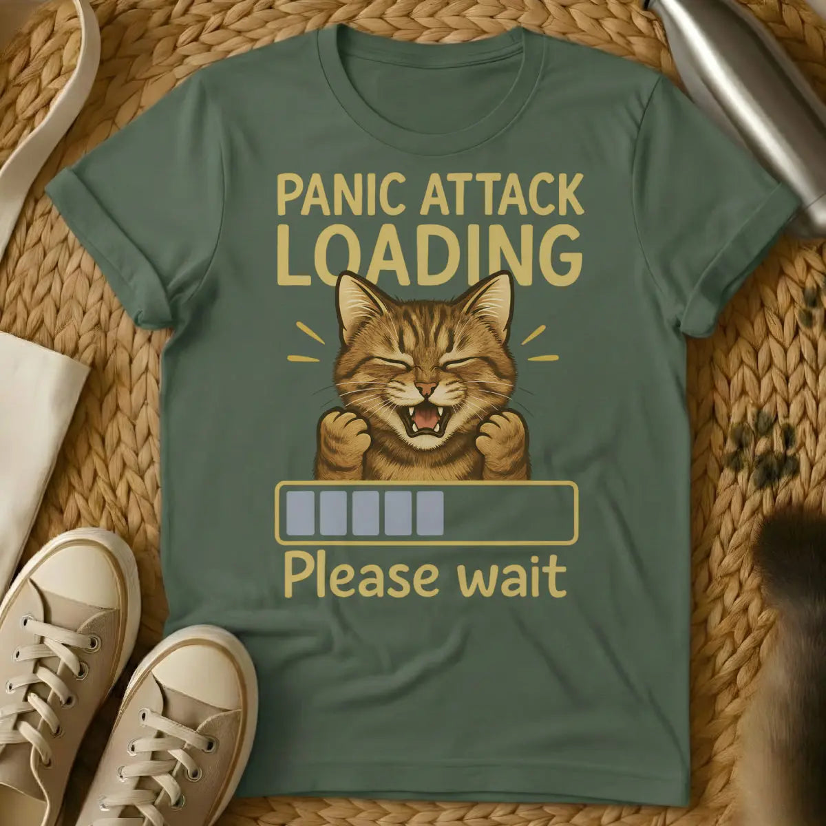 Panic Cat Shirt - Military Green Cat T-Shirt
