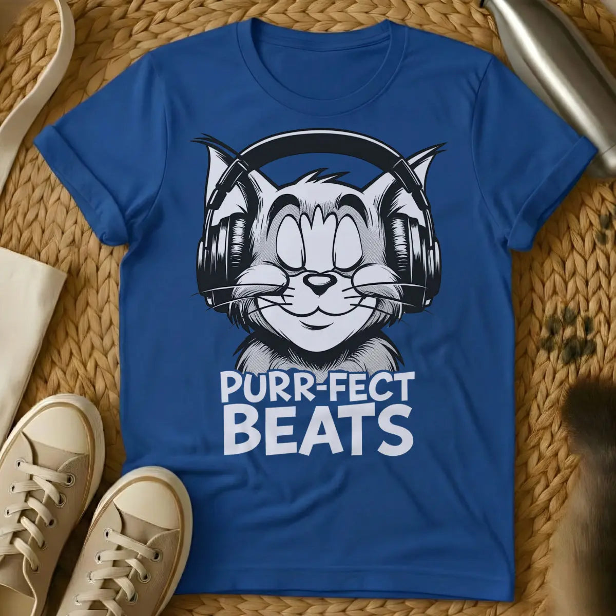 DJ Cat Shirt - Blue T-Shirt - electronic music apparel, feline overlord humor, rave kitty