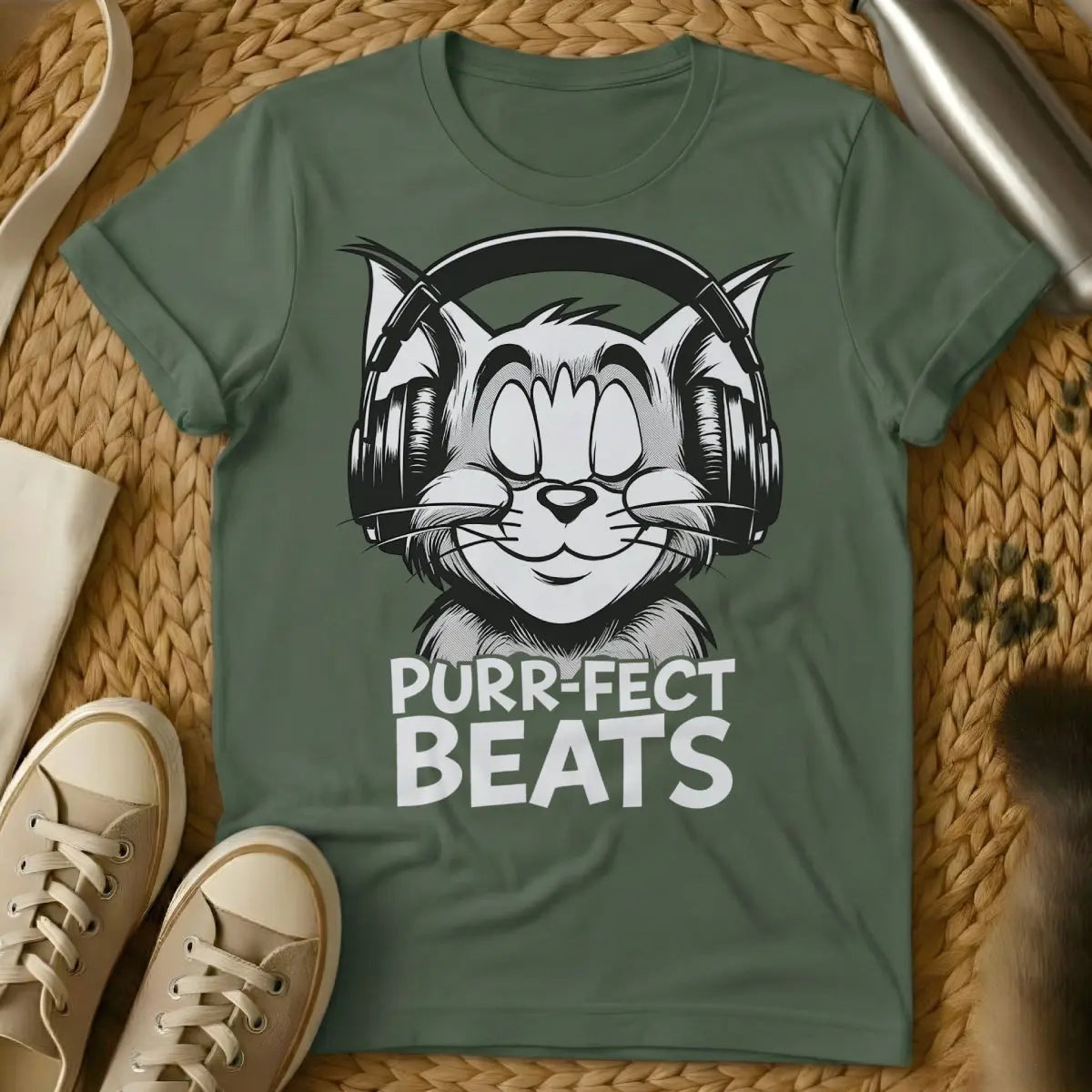 DJ Cat Shirt - Military Green T-Shirt - electronic music apparel, feline overlord humor, rave kitty