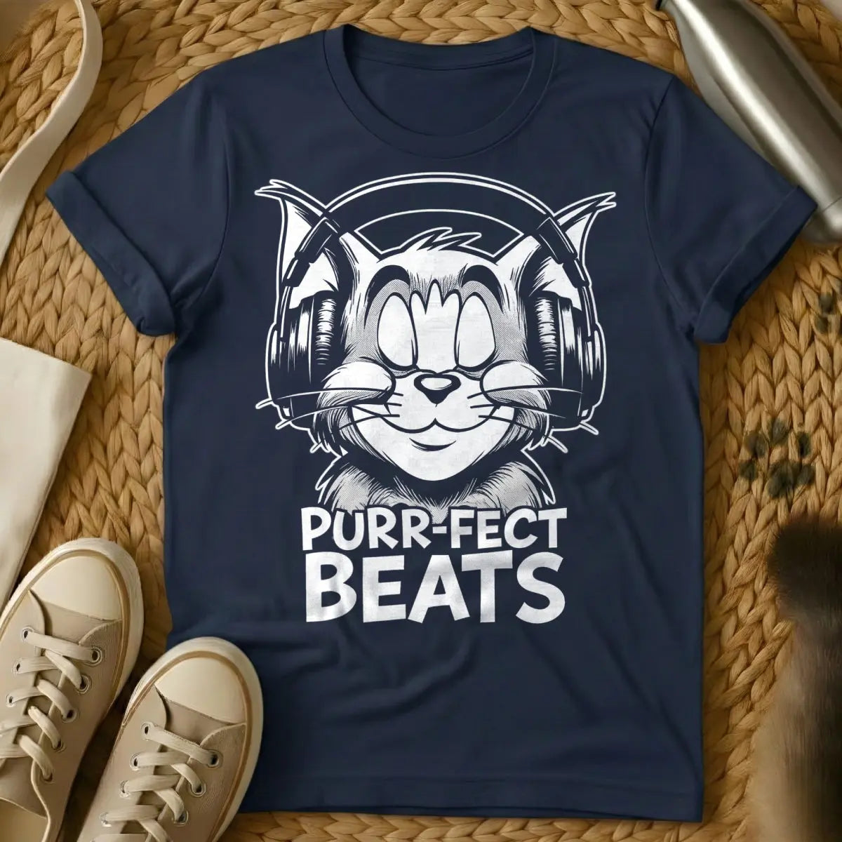 DJ Cat Shirt - Navy T-Shirt - electronic music apparel, feline overlord humor, rave kitty