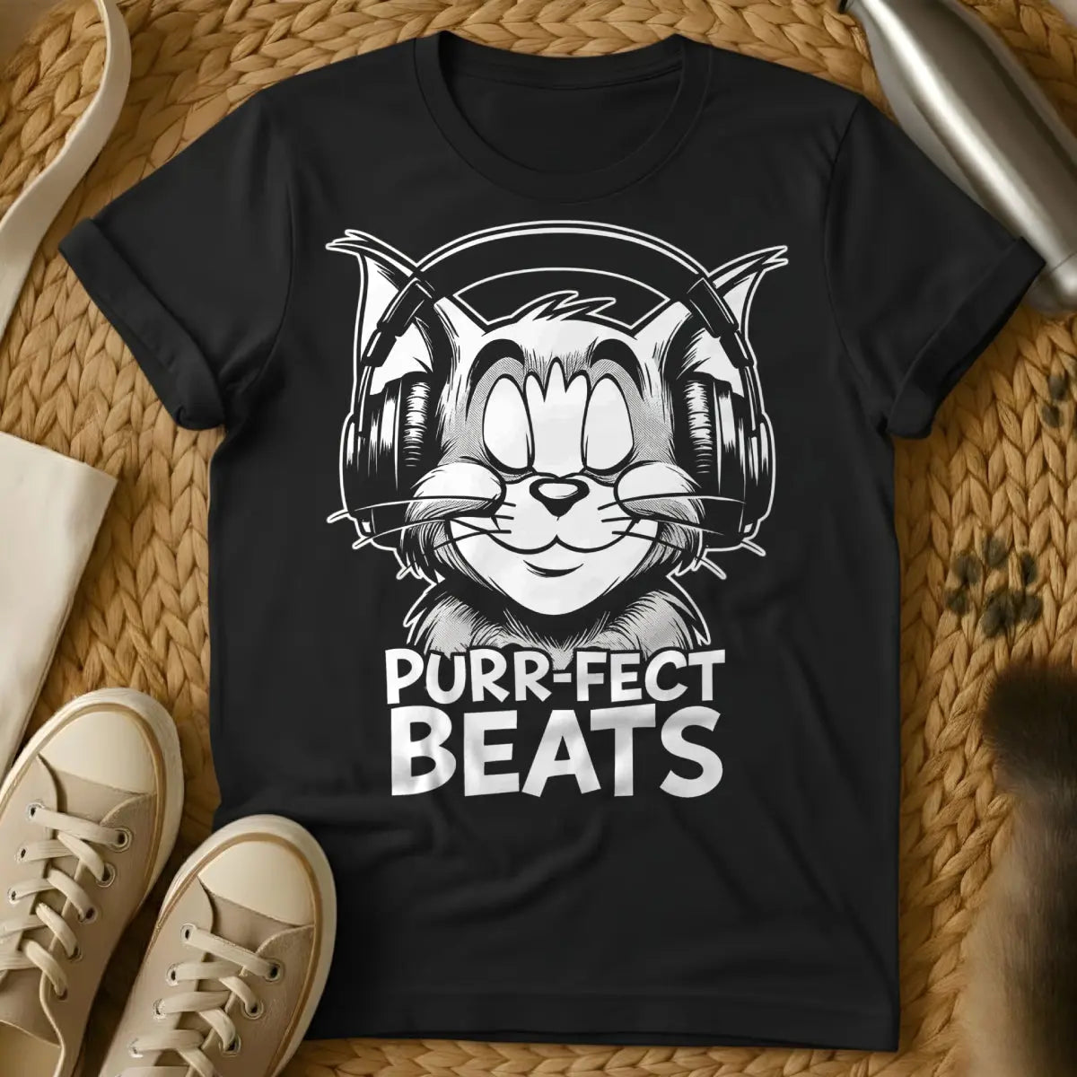 DJ Cat Shirt - Black T-Shirt - electronic music apparel, feline overlord humor, rave kitty