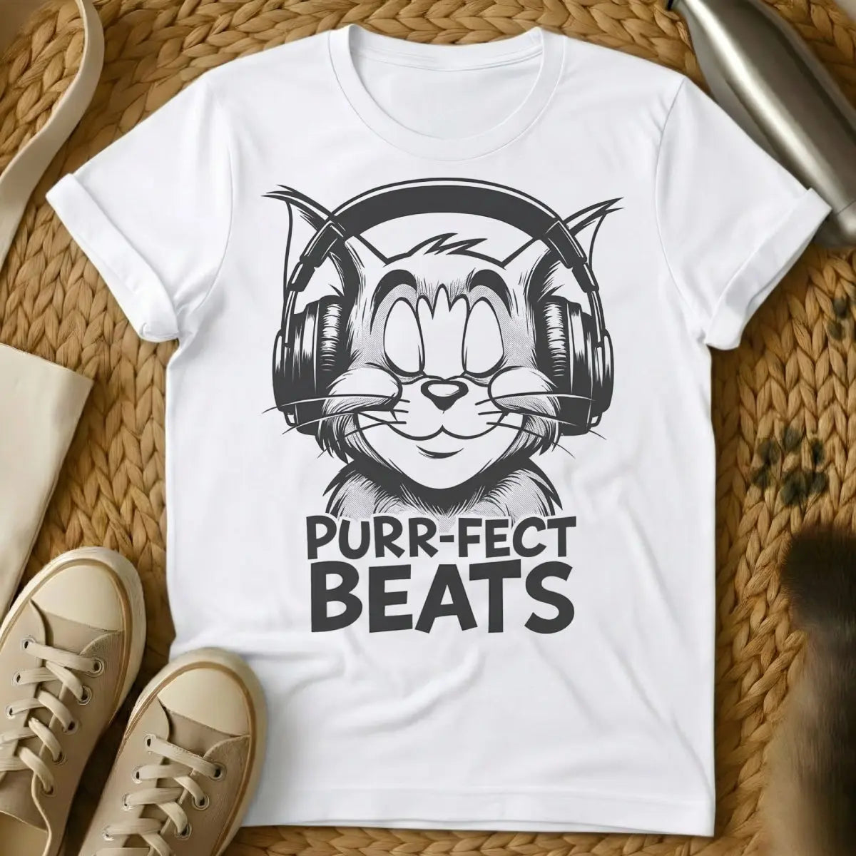 DJ Cat Shirt - White T-Shirt - electronic music apparel, feline overlord humor, rave kitty