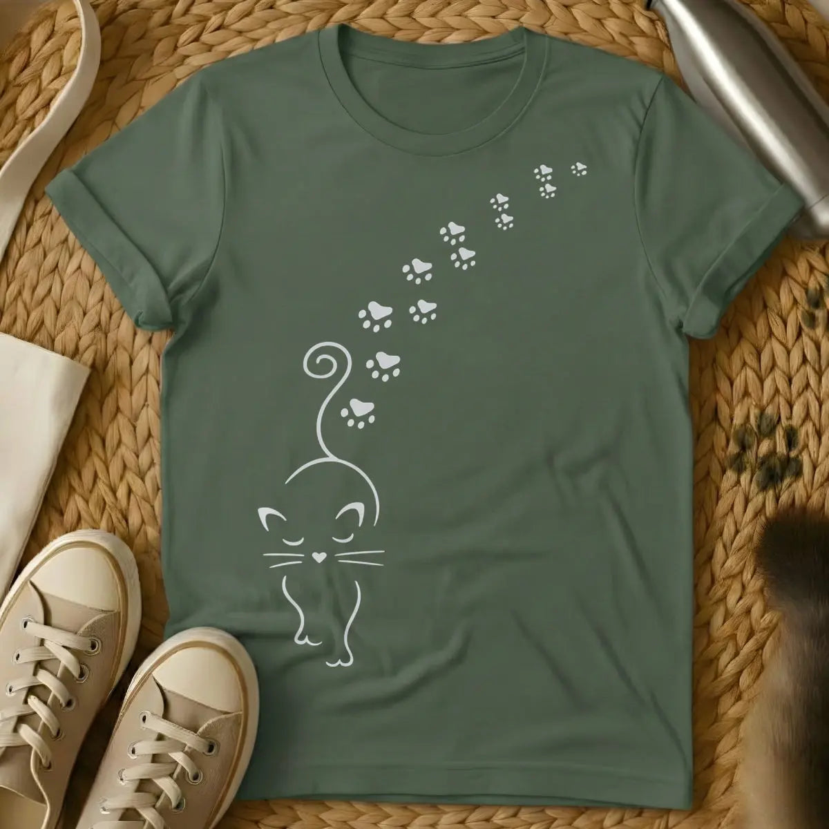 Paw Print Cat Shirt - Military Green Cat T-Shirt