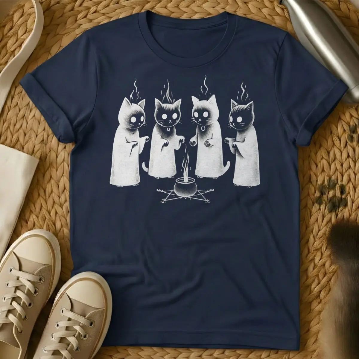 Black Magic Cat Shirt - Navy T-Shirt - esoteric magic, gothic cat, occult cat