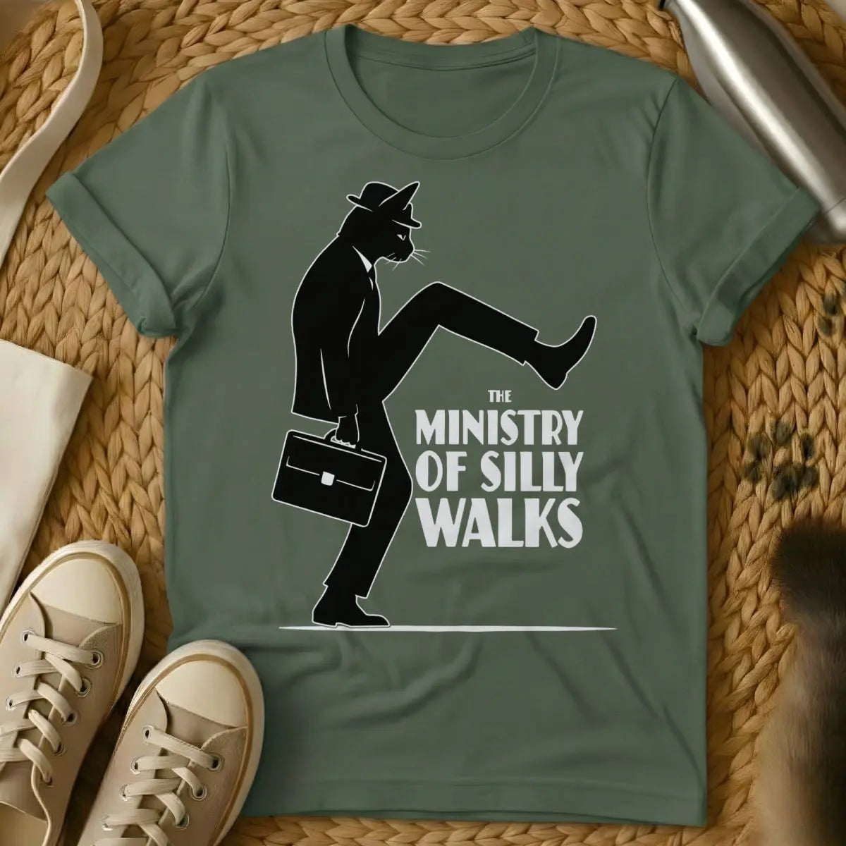Ministry of Silly Walks Cat T-Shirt - Military Green Cat T-Shirt