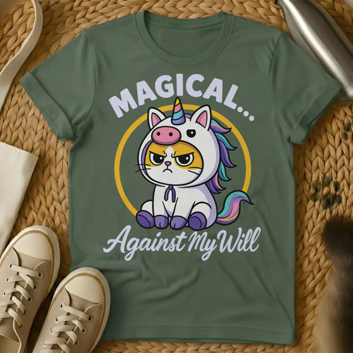 Unicorn Cat Shirt - Military Green Cat T-Shirt
