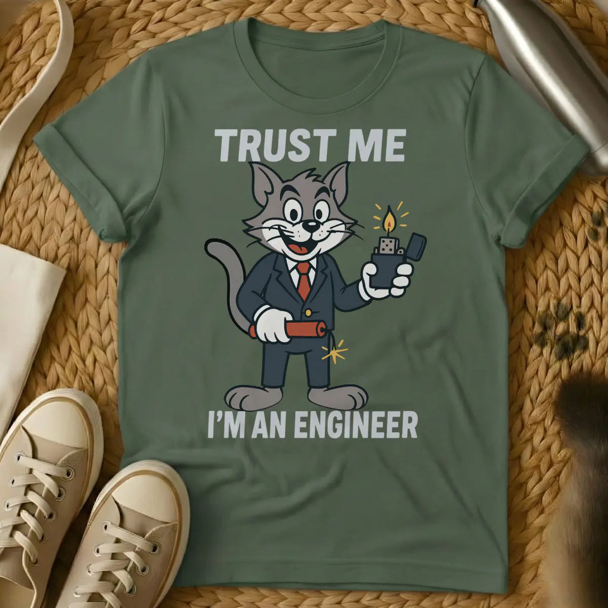 Engineer Cat Shirt - Military Green T-Shirt - deliberate cat chaos, engineering humor, physics cat joke