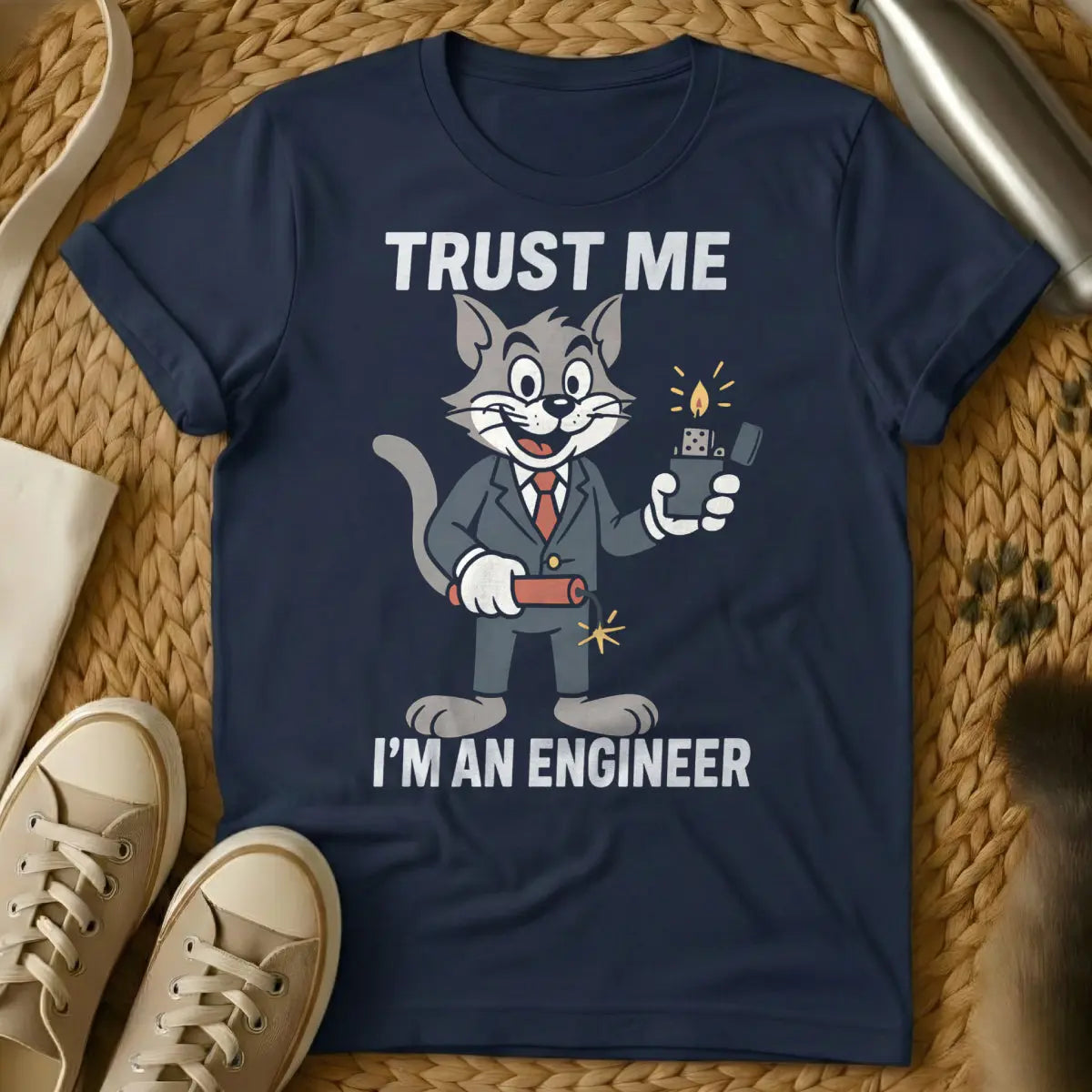 Engineer Cat Shirt - Navy T-Shirt - deliberate cat chaos, engineering humor, physics cat joke