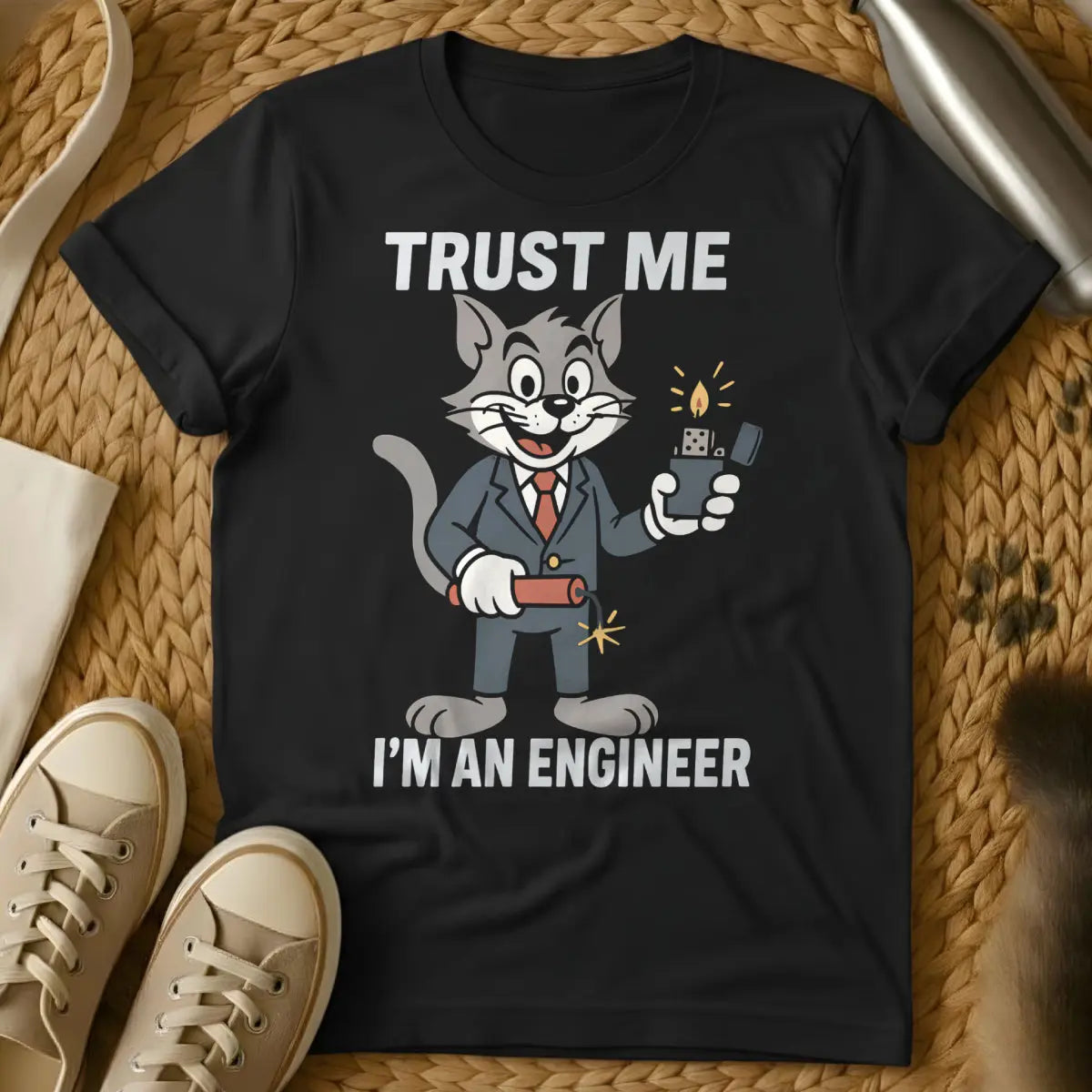 Engineer Cat Shirt - Black T-Shirt - deliberate cat chaos, engineering humor, physics cat joke