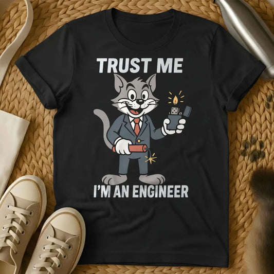 Engineer Cat Shirt - Black T-Shirt - deliberate cat chaos, engineering humor, physics cat joke