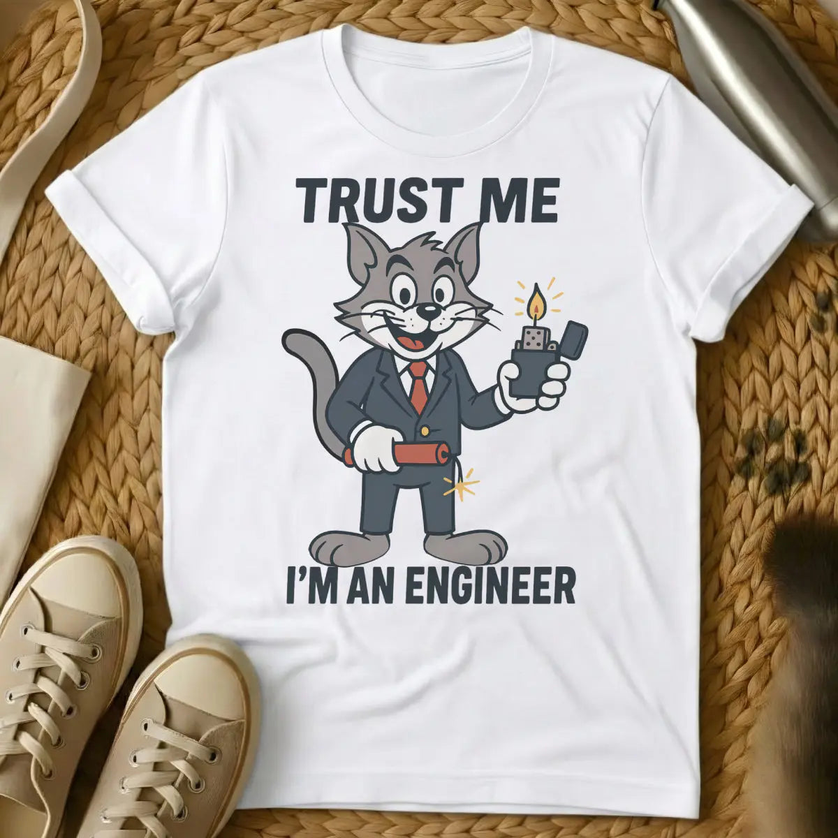 Engineer Cat Shirt - White T-Shirt - deliberate cat chaos, engineering humor, physics cat joke