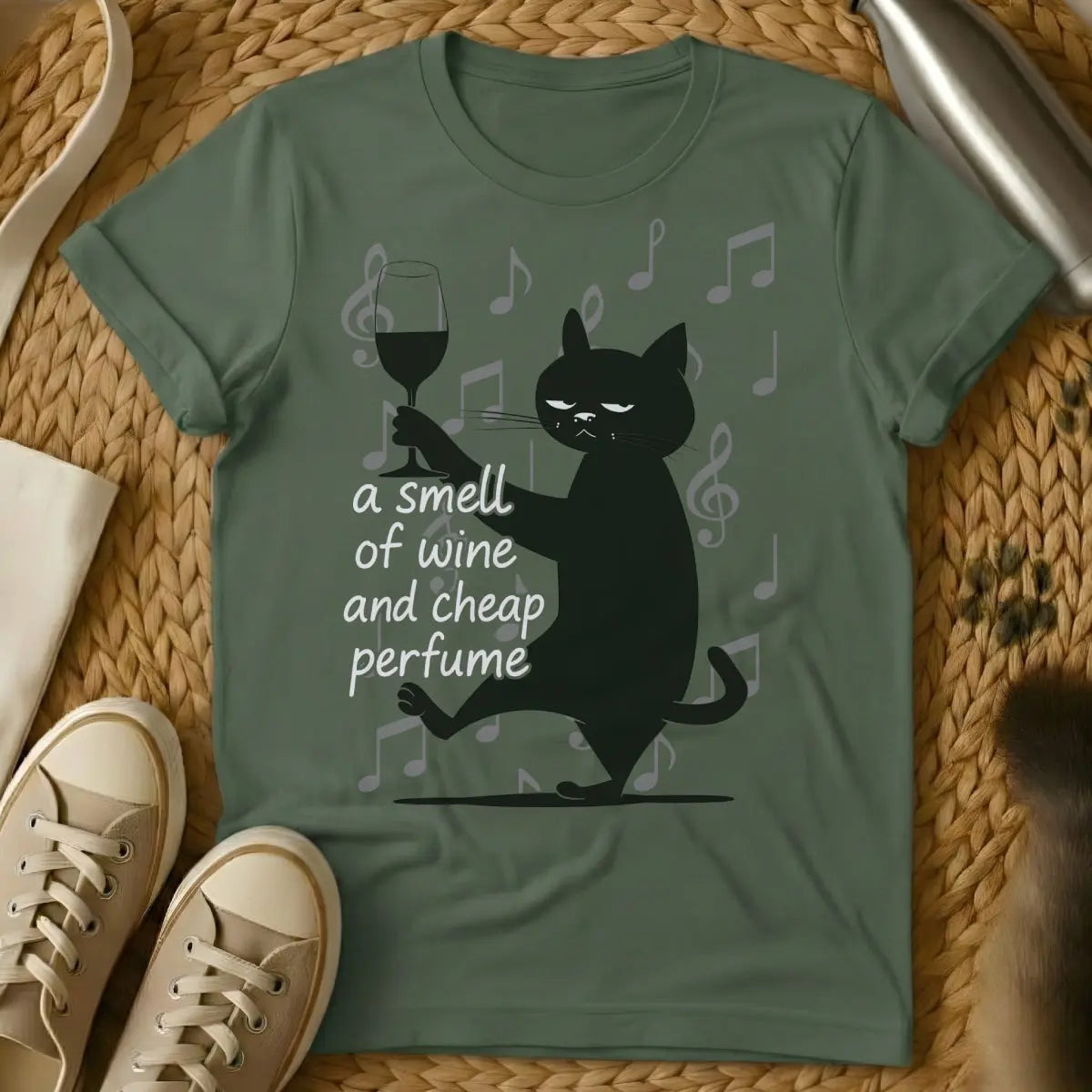 Wine Cat Shirt - Military Green Cat T-Shirt