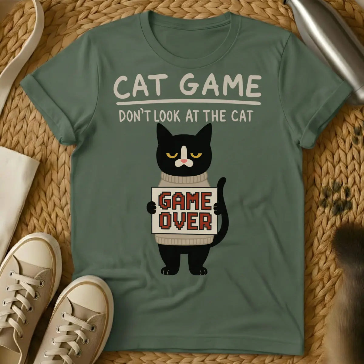 Game Over Cat Shirt - Military Green Cat T-Shirt