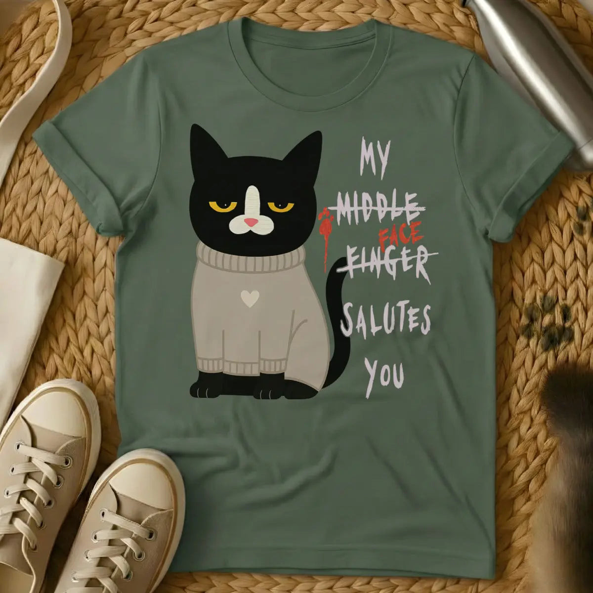 Middle Finger Shirt - Military Green Cat T-Shirt