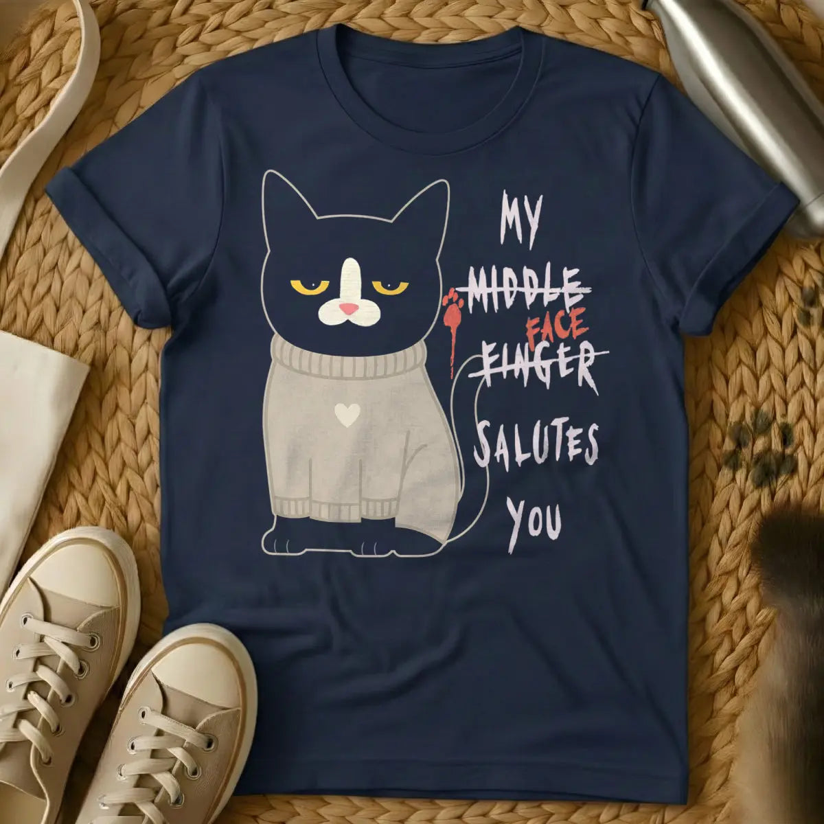 Middle Finger Shirt - Navy Cat T-Shirt