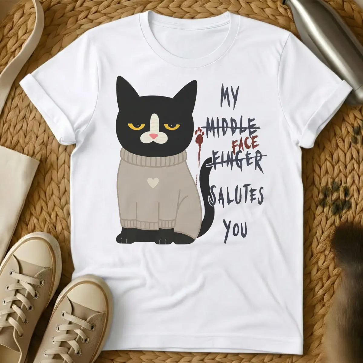 Middle Finger Shirt - White Cat T-Shirt