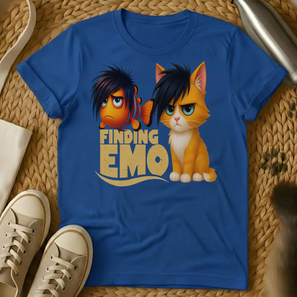 Emo Shirt - Blue T-Shirt - angsty feline art, black heart core, emo cat aesthetic