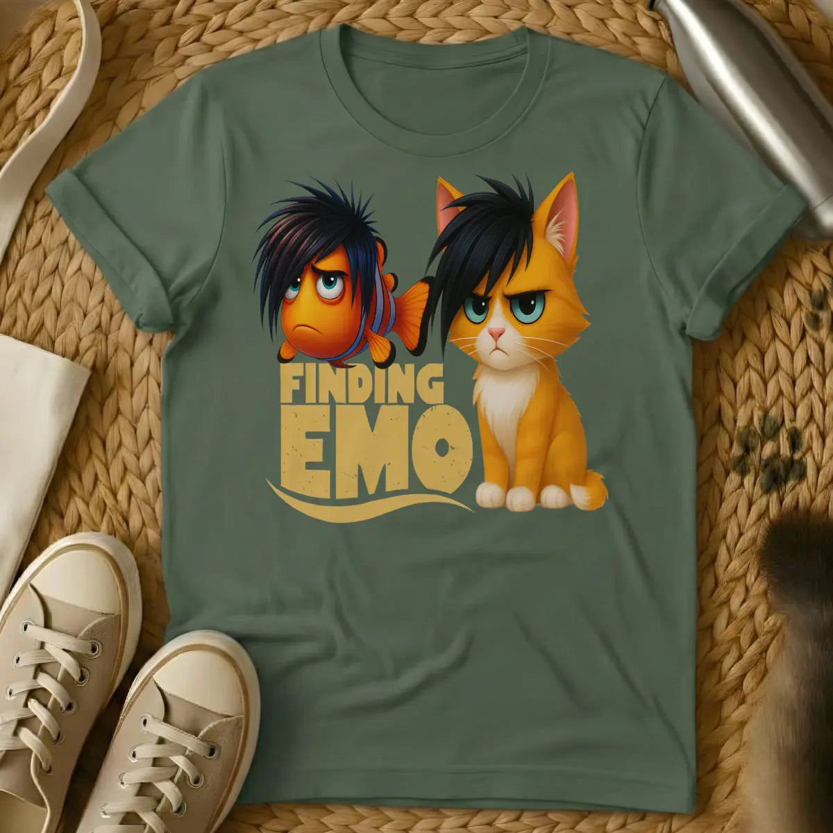 Emo Shirt - Military Green T-Shirt - angsty feline art, black heart core, emo cat aesthetic
