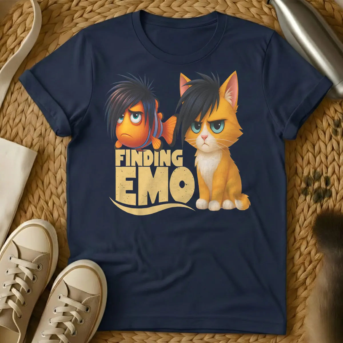 Emo Shirt - Navy T-Shirt - angsty feline art, black heart core, emo cat aesthetic