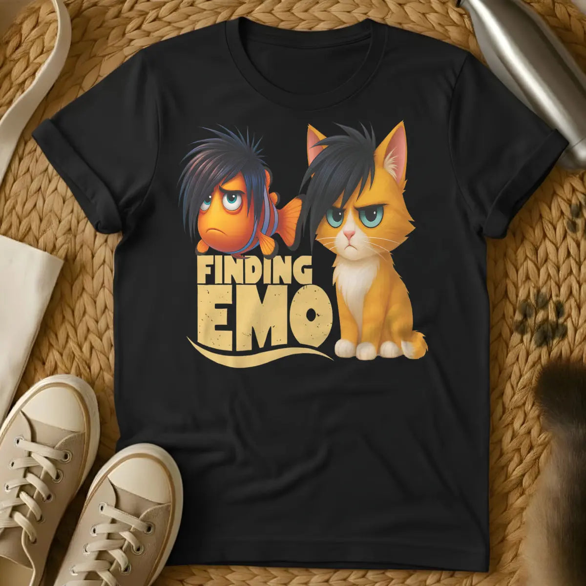 Emo Shirt - Black T-Shirt - angsty feline art, black heart core, emo cat aesthetic