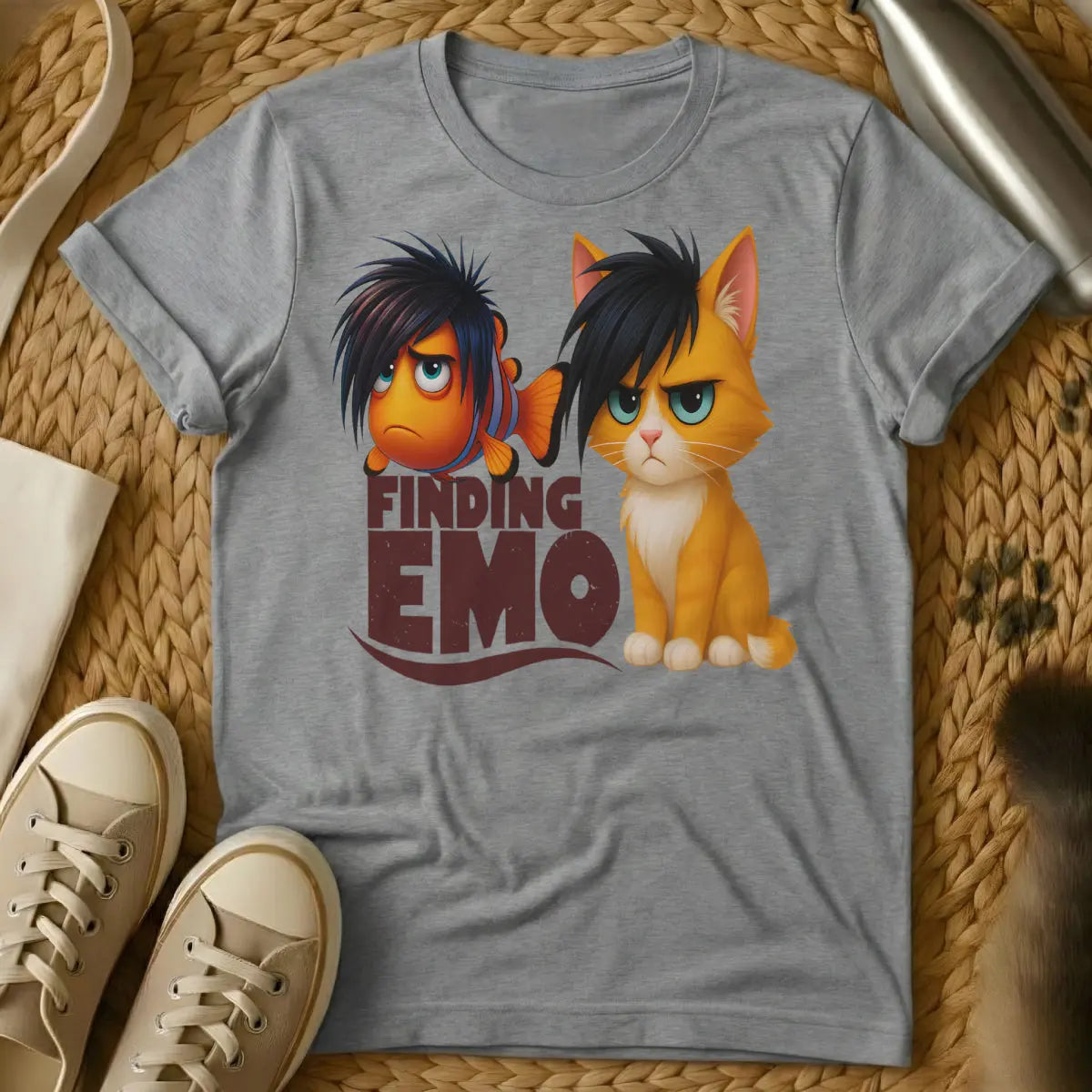 Emo Shirt - Gray T-Shirt - angsty feline art, black heart core, emo cat aesthetic