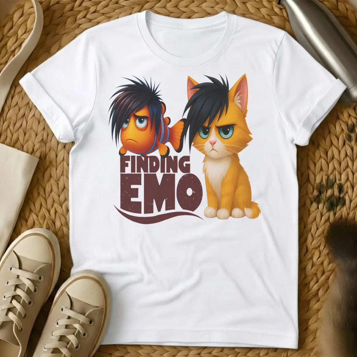Emo Shirt - White T-Shirt - angsty feline art, black heart core, emo cat aesthetic