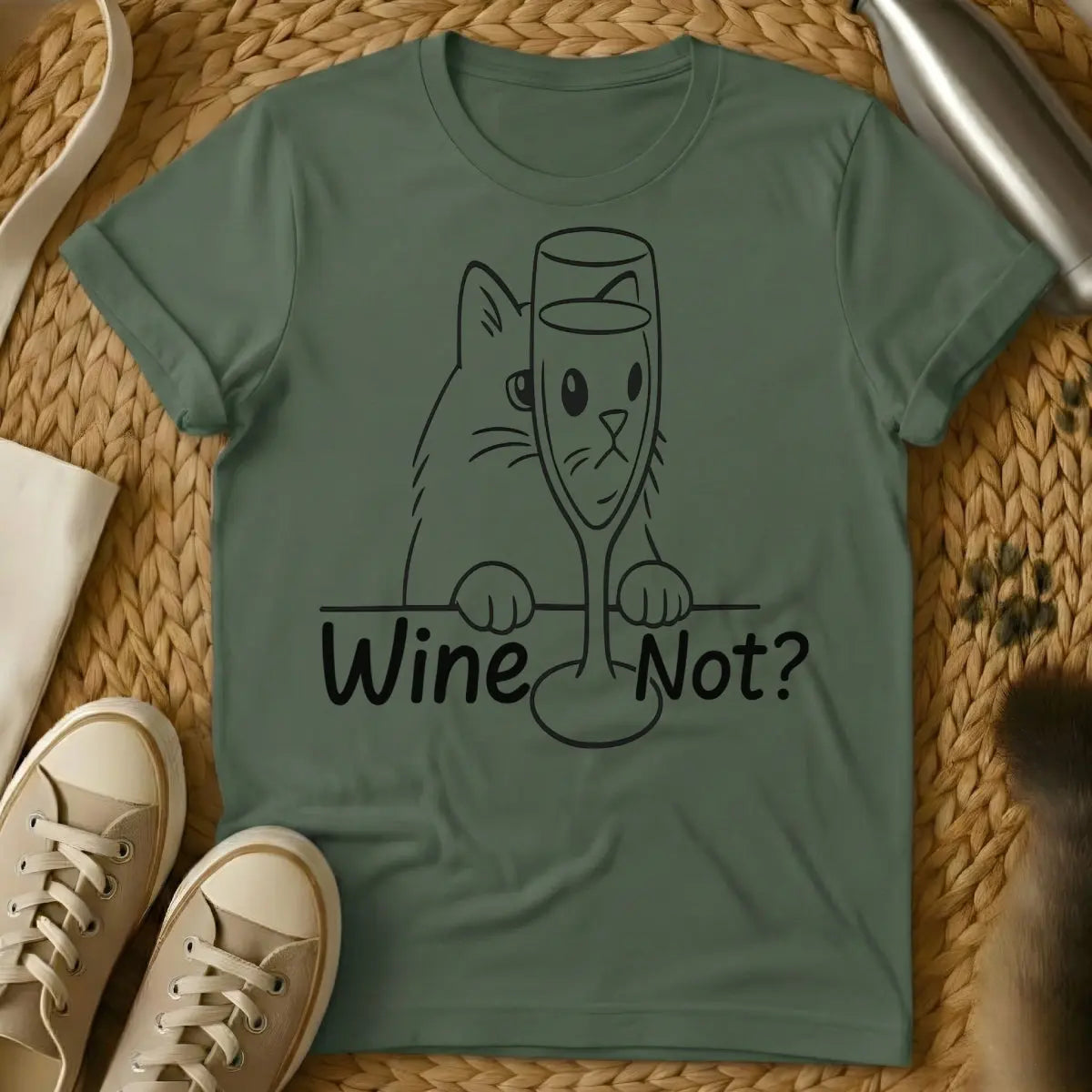 Wine Not Cat Shirt - Military Green Cat T-Shirt