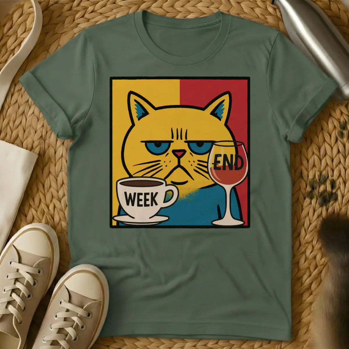 Weekend Cat Shirt - Military Green Cat T-Shirt