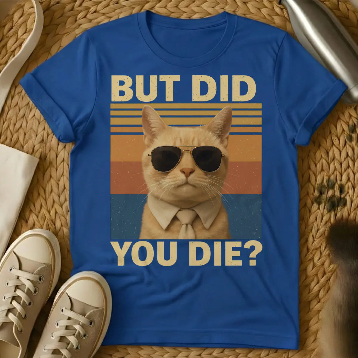 But Did You Die Cat Shirt - Blue T-Shirt - anti-empathy pet, deadpan animal humor, pragmatic pet philosophy
