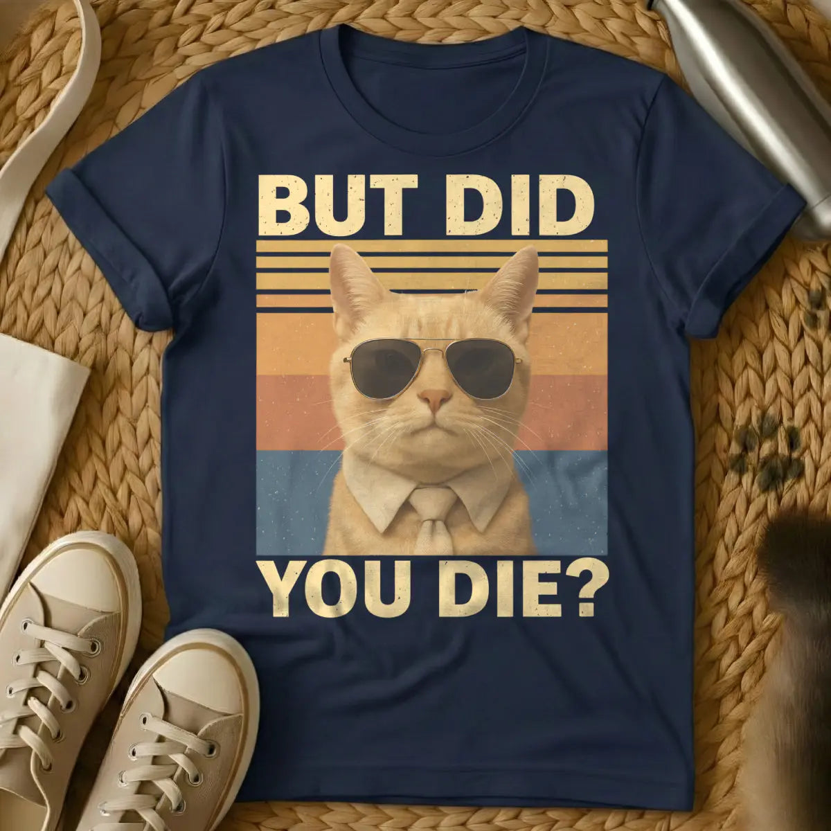 But Did You Die Cat Shirt - Navy T-Shirt - anti-empathy pet, deadpan animal humor, pragmatic pet philosophy