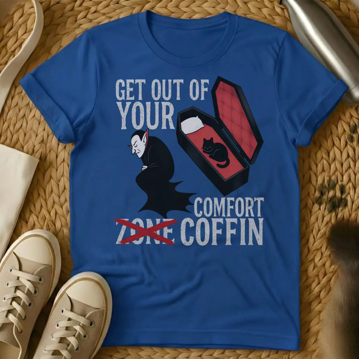 Comfort Zone Coffin Cat Shirt - Blue T-Shirt - anti-hustle culture, couch potato core, goth cat