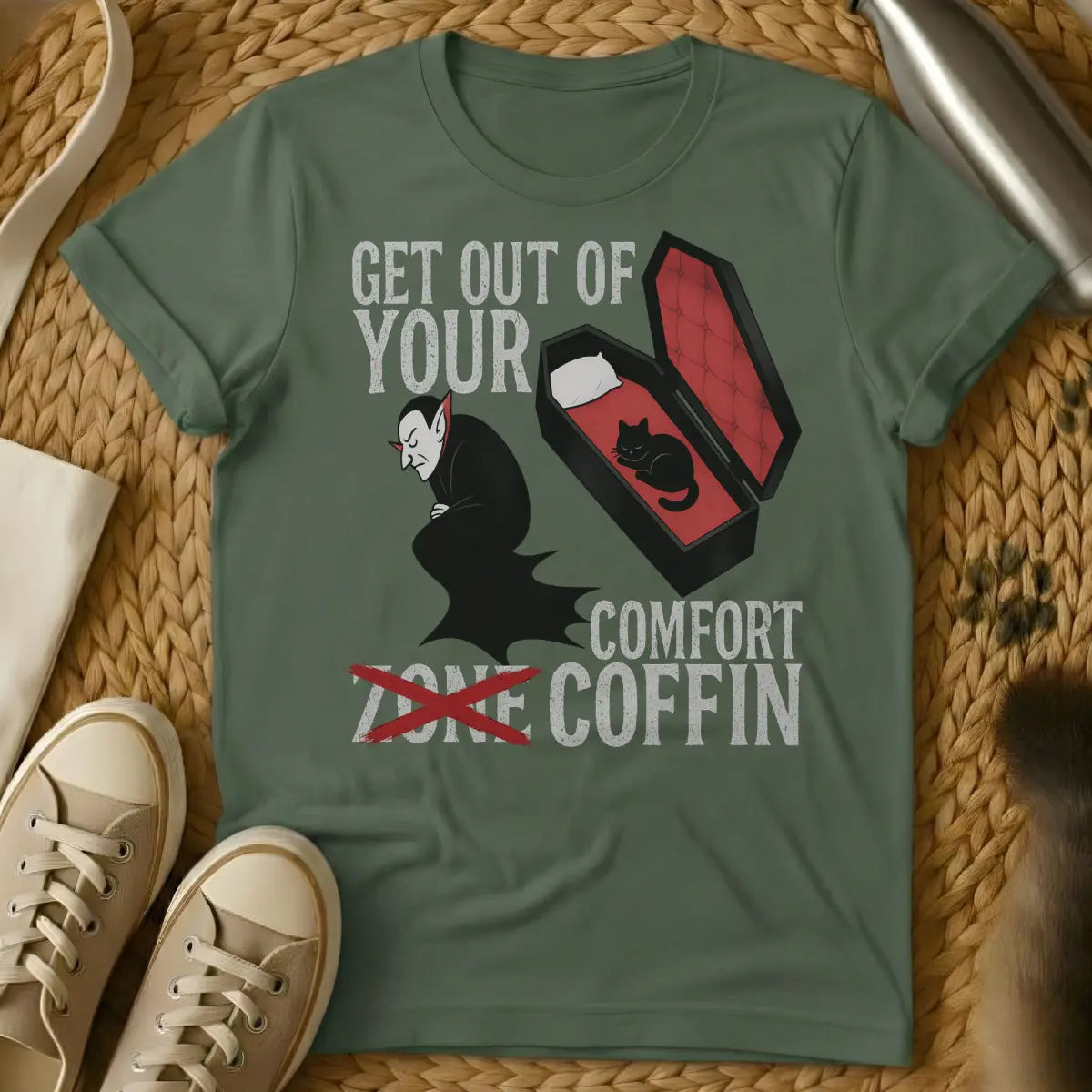 Comfort Zone Coffin Cat Shirt - Military Green T-Shirt - anti-hustle culture, couch potato core, goth cat