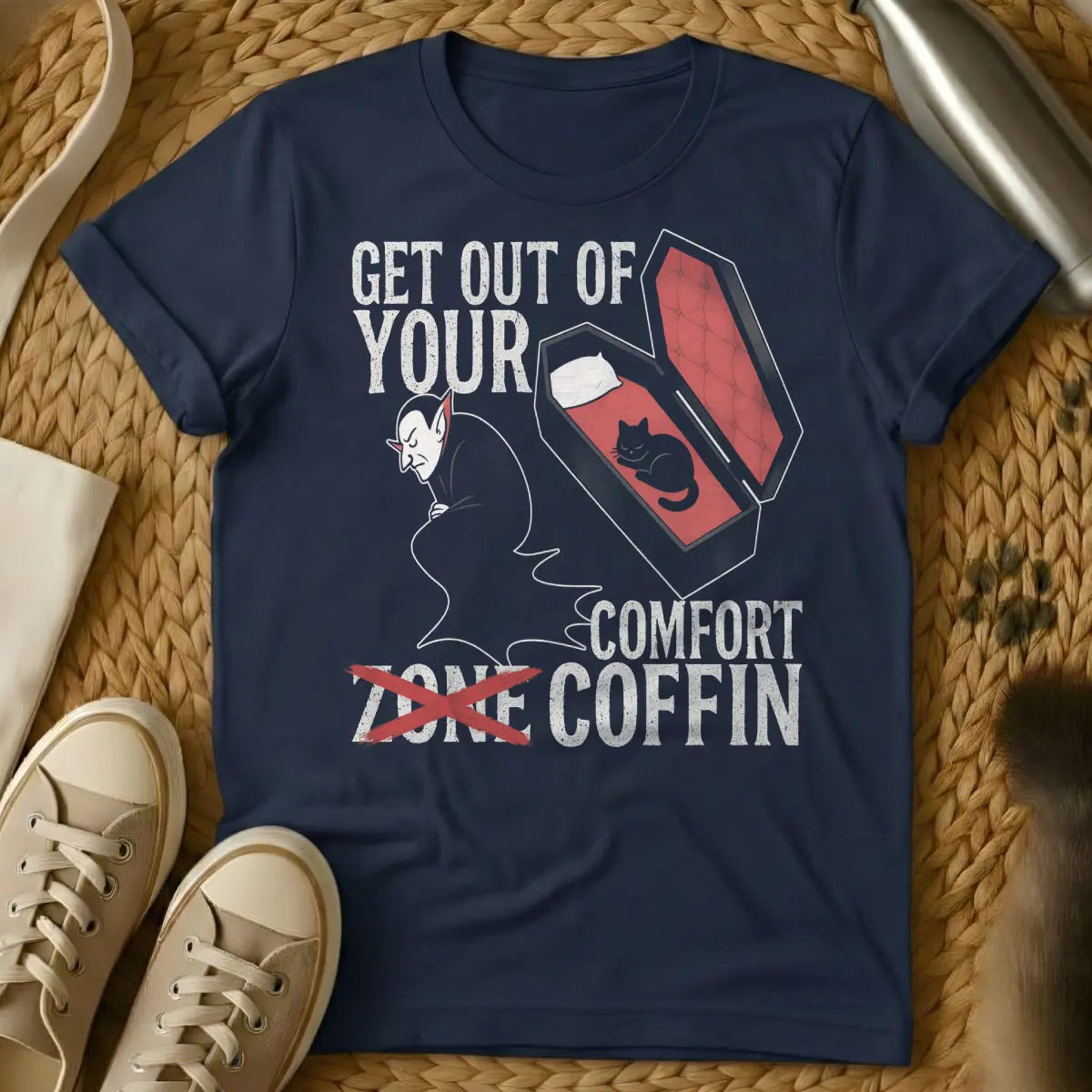 Comfort Zone Coffin Cat Shirt - Navy T-Shirt - anti-hustle culture, couch potato core, goth cat