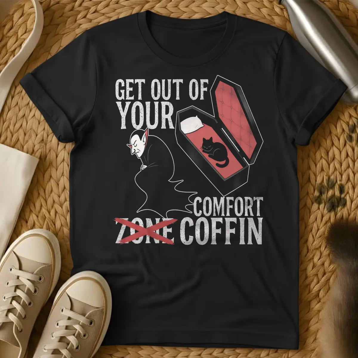 Comfort Zone Coffin Cat Shirt - Black T-Shirt - anti-hustle culture, couch potato core, goth cat