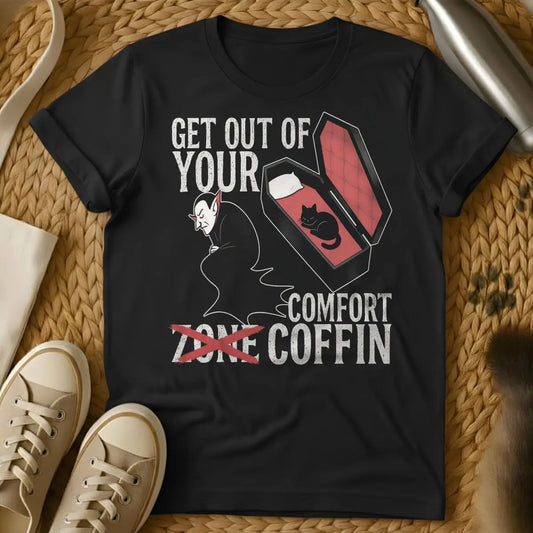 Comfort Zone Coffin Cat Shirt - Black T-Shirt - anti-hustle culture, couch potato core, goth cat