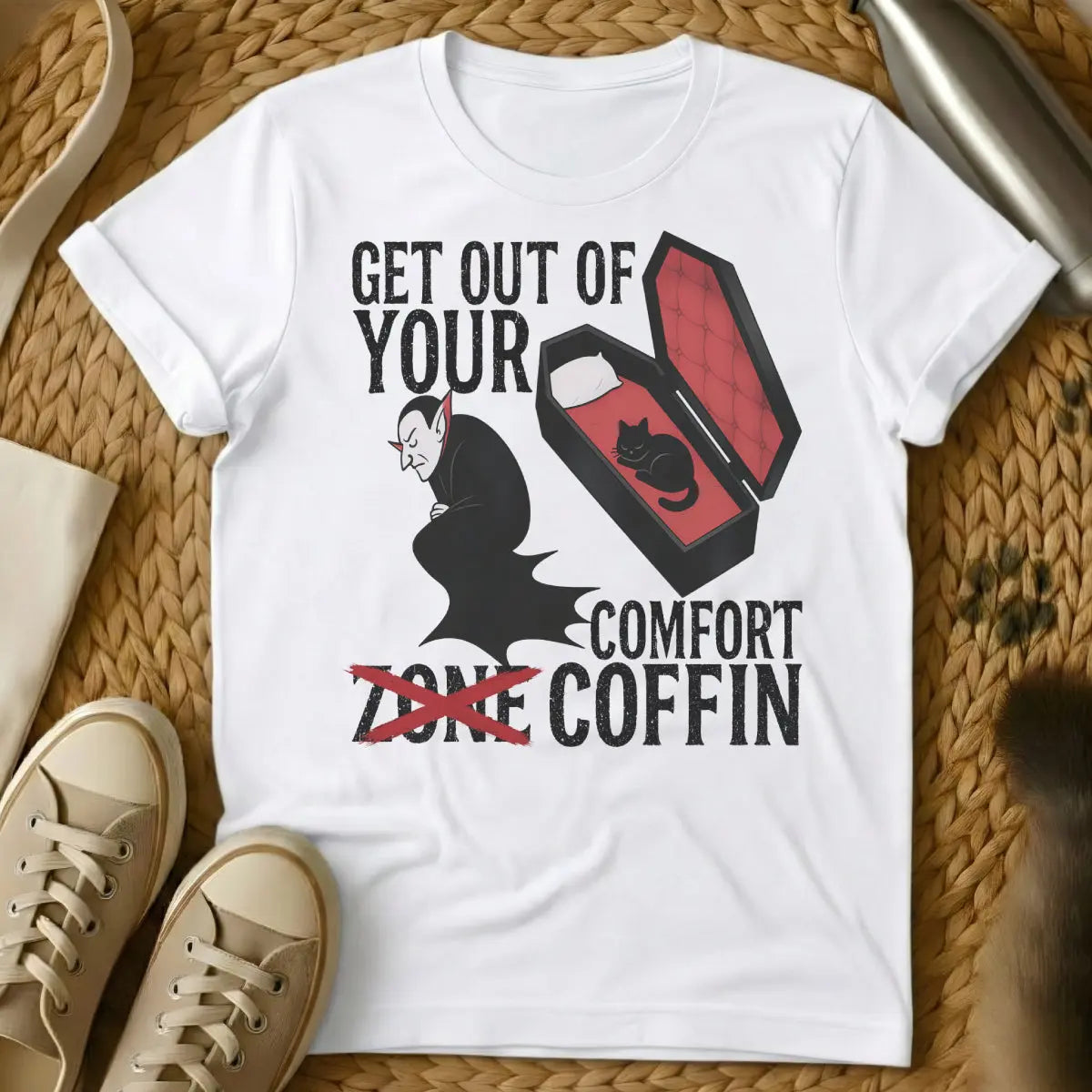 Comfort Zone Coffin Cat Shirt - White T-Shirt - anti-hustle culture, couch potato core, goth cat