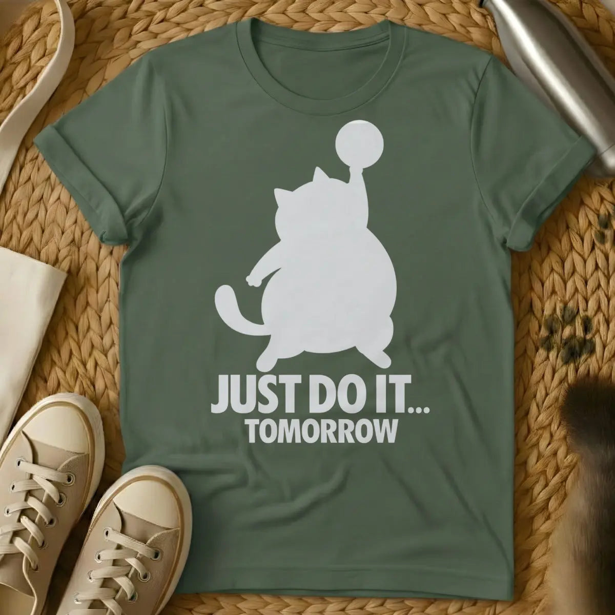 Just Do It Tomorrow Cat Shirt - Military Green Cat T-Shirt