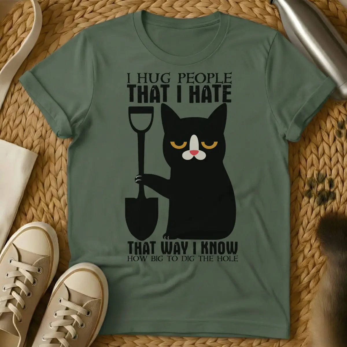 Hugging Cat Shirt - Military Green Cat T-Shirt