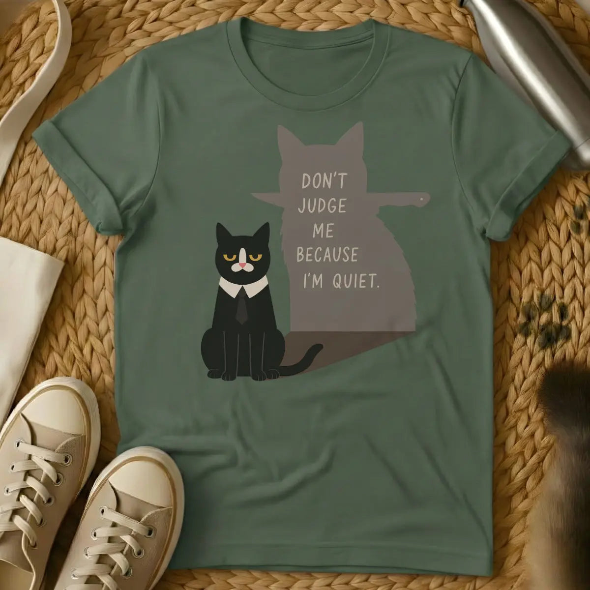 Don't Judge Me Cat Shirt - Military Green T-Shirt - cat parent irony, feline overlord apparel, judgmental feline humor
